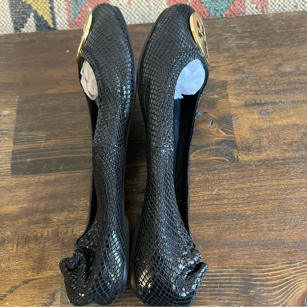 Tory Burch Reva Black Shiny textured Leather Ballet Flats US8